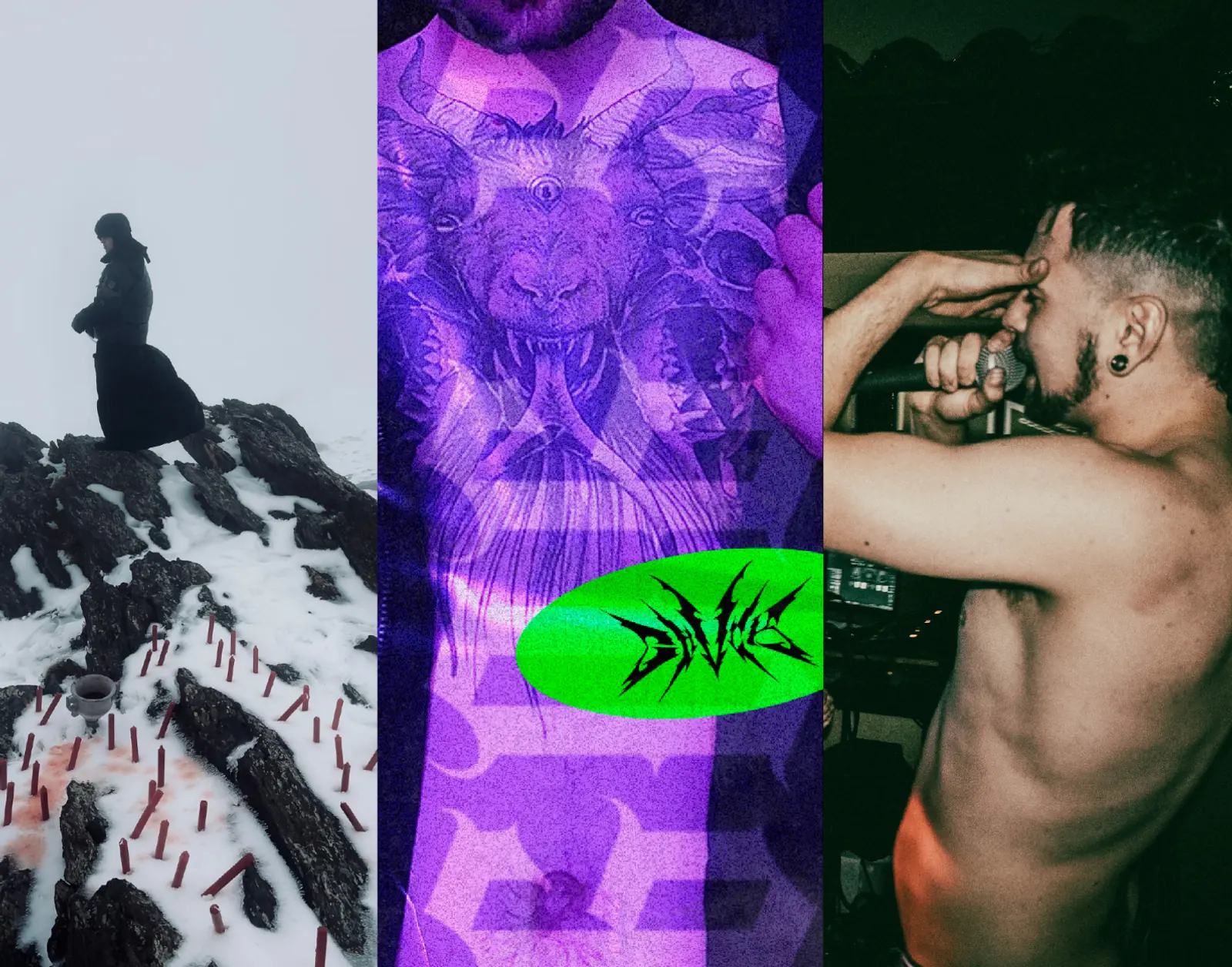 Chvck: tríptico fotográfico con el logotipo aplicado en una pegatina verde