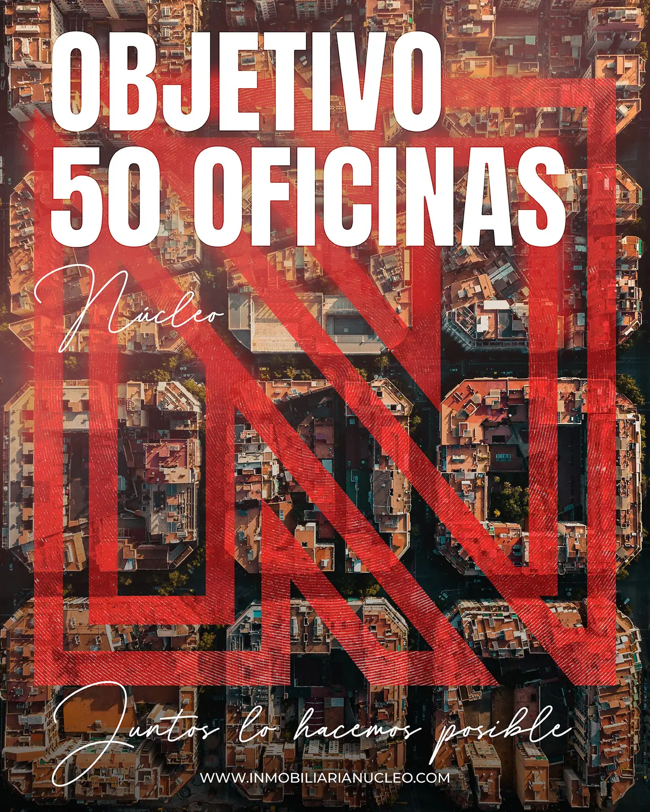 Núcleo: cartel de la campaña Objetivo 50 oficinas con el monograma N sobre una vista aérea de la ciudad
