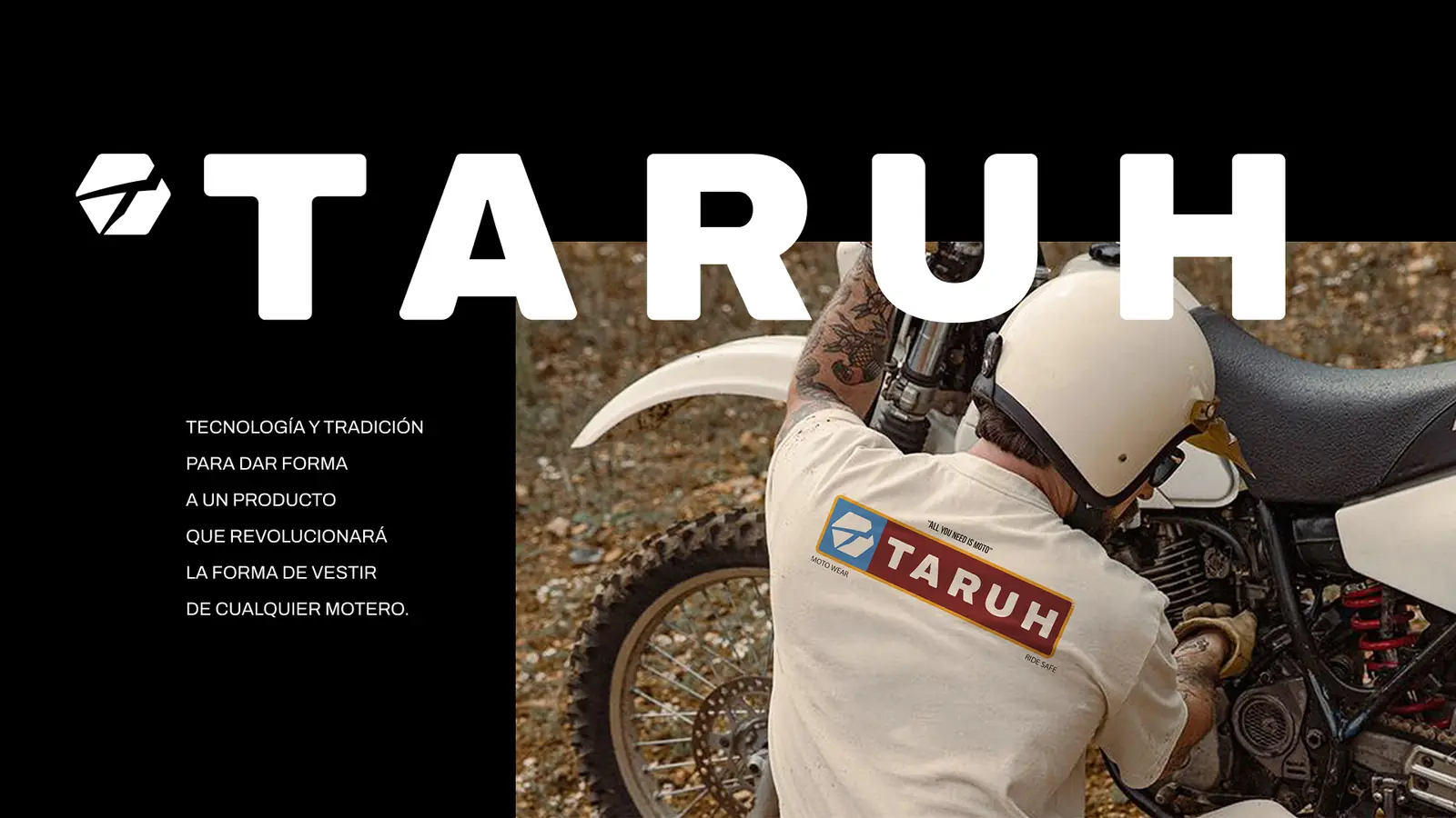 Taruh: aplicación del logotipo en una pieza editorial con piloto y moto